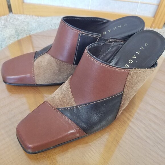 Vintage Patchwork Size 7 Clogs Mules Shoes Brown Black Leather Suede - Picture 4 of 11